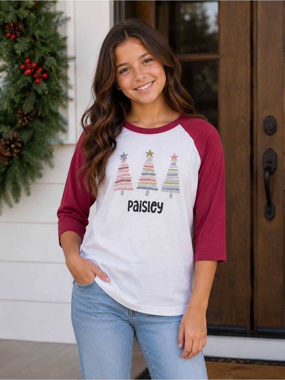 "Paisley" Christmas Tree Raglan Baseball Tee